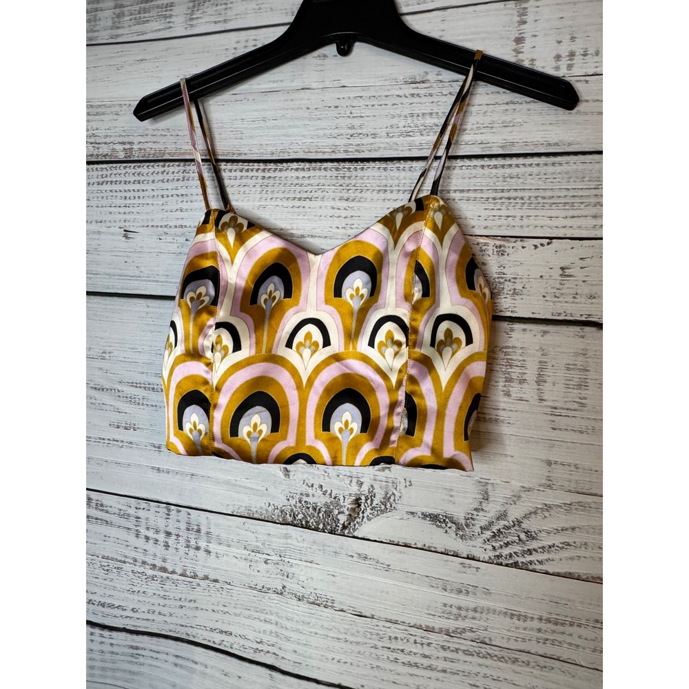 House of Harlow 1960 Retro Geometric Print Satin Crop Top Mustard Lavender Small